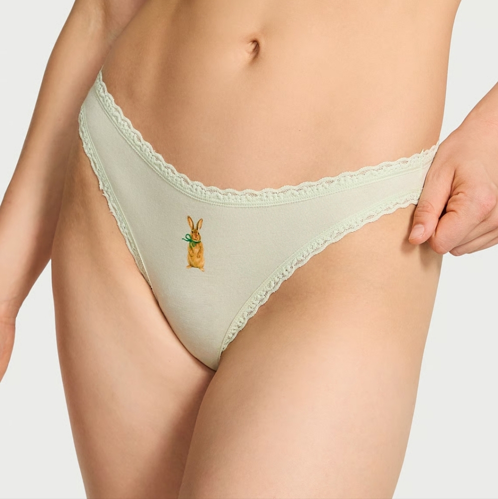 Victoria’s Secret Bunny Print Cotton Thong Panty Sage Green Lace Trim Size XL NW